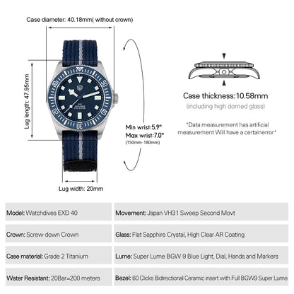 Watchdives EXD 40Mm Titanium Dive Watch Men's VH31 Sweep Quartz Watches 200 Waterproof AR Sapphire BGW9 Luminous 316L Wristwatch