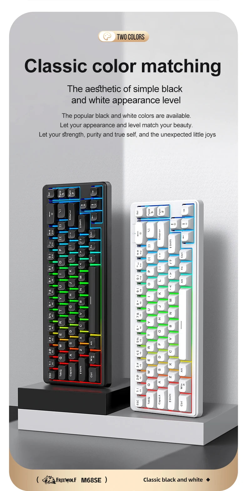 FREEWOLF M68SE tastiera mini cablata a 68 tasti, retroilluminazione RGB, Type-C, layout 68%, compatta, per gaming, ufficio, PC e laptop