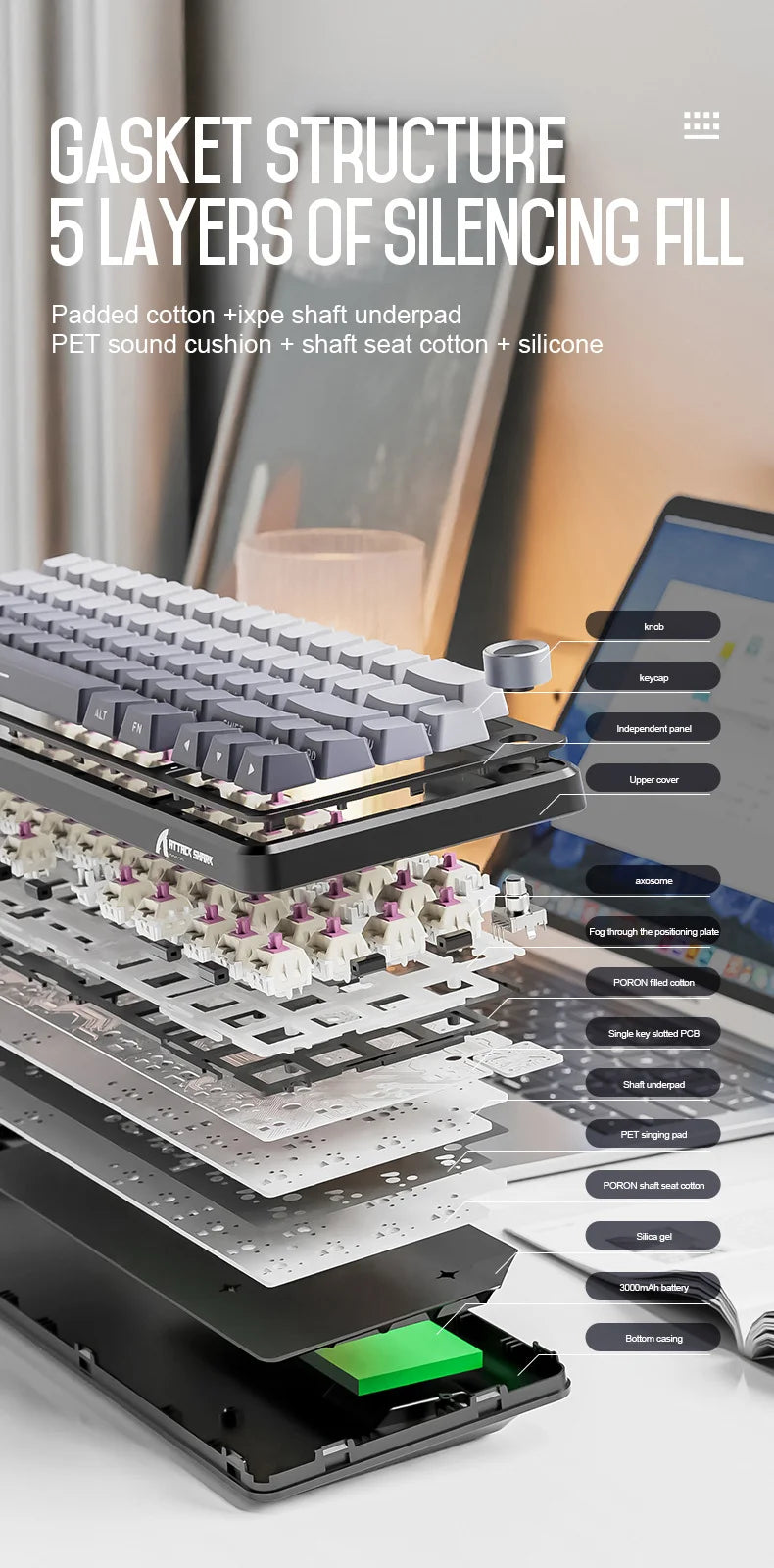 Teclado mecánico inalámbrico Attack Shark X66 con diseño compacto 65%, retroiluminación RGB, montaje gasket, hot swap, Bluetooth, USB-C, PBT y batería de gran capacidad