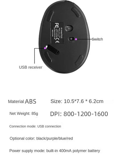 BTS-908 Ratón vertical recargable superventas, ratón inalámbrico ergonómico con receptor USB 2.4G, 1600 DPI ajustables y 6 botones