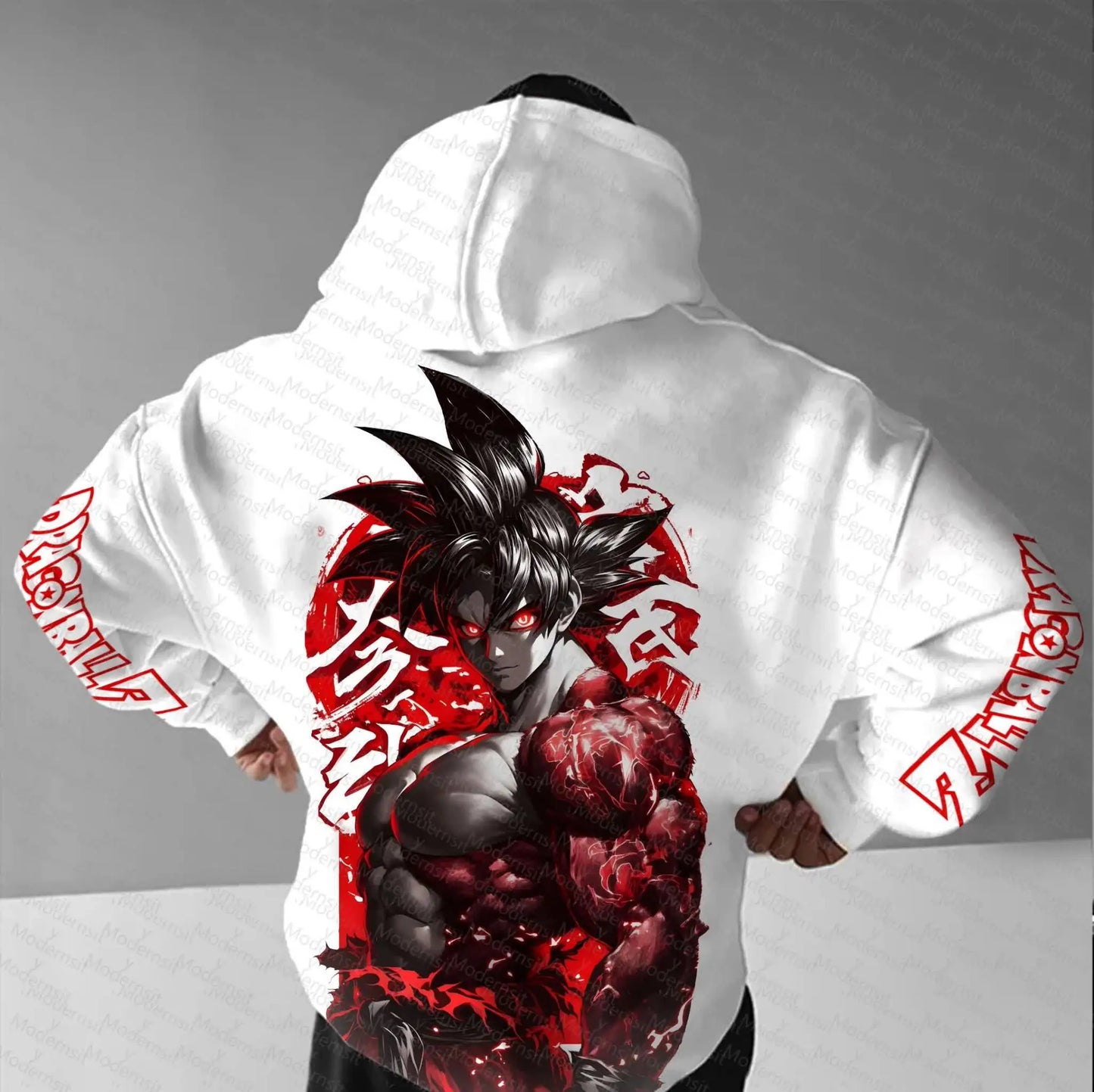 Dragon Ball Z Goku weißes Hoodie- und Hosen-Set für Herren und Damen, zweiteiliges Outfit mit Anime-Charakter-Print, rotem Logo und Super Saiyan