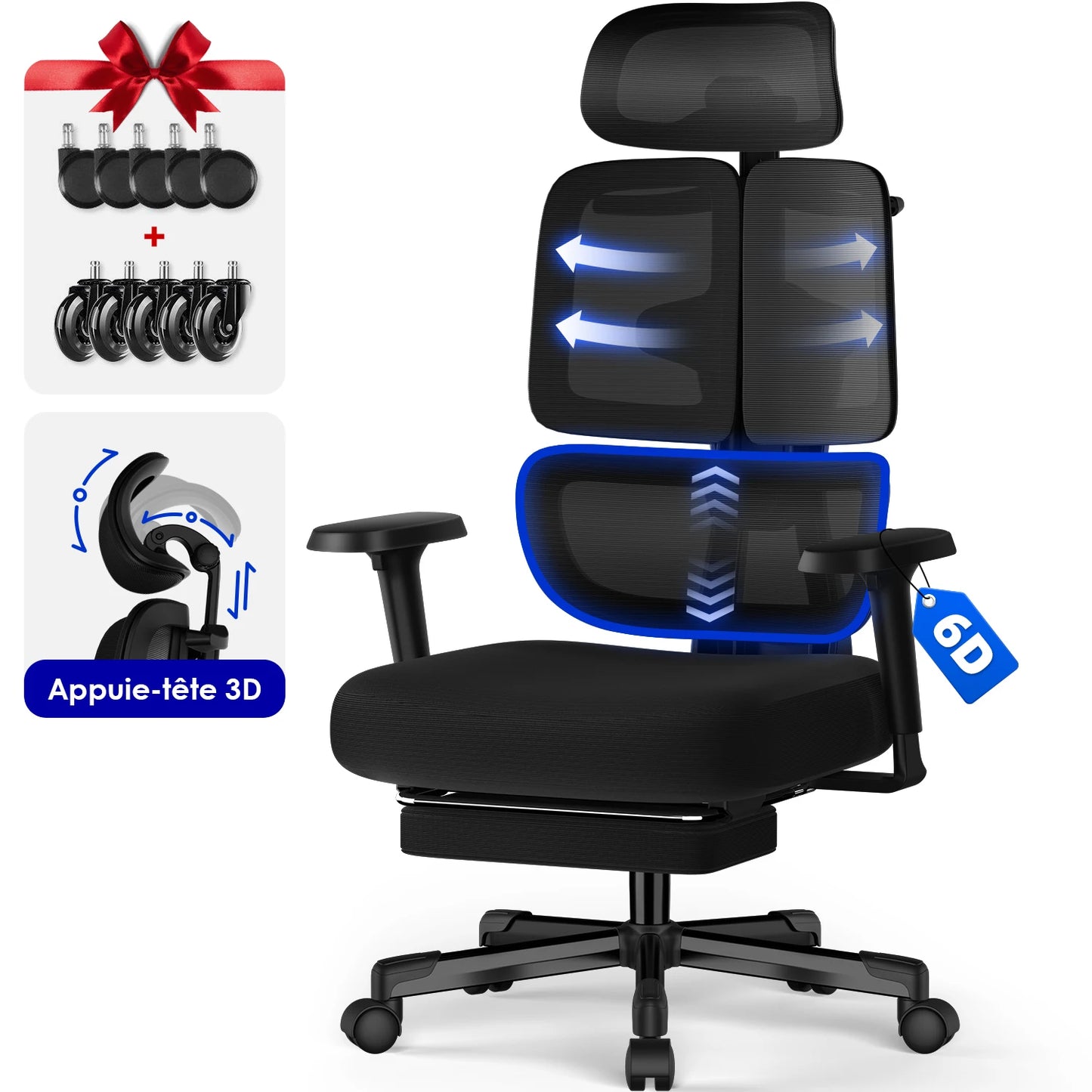 AUTHMIC Ergonomic Office Chair with 6D Adjustable Armrests, 3D Headrest, Lumbar Support, Reclining Mesh Desk Chair 200kg Capacity