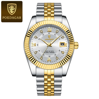 POEDAGAR herenhorloge – Luxe model, waterdicht, van roestvrij staal, met lichtgevende wijzerplaat, militaire stijl, datumfunctie, quartz uurwerk, ideaal voor op het werk of bij zakelijke gelegenheden.
