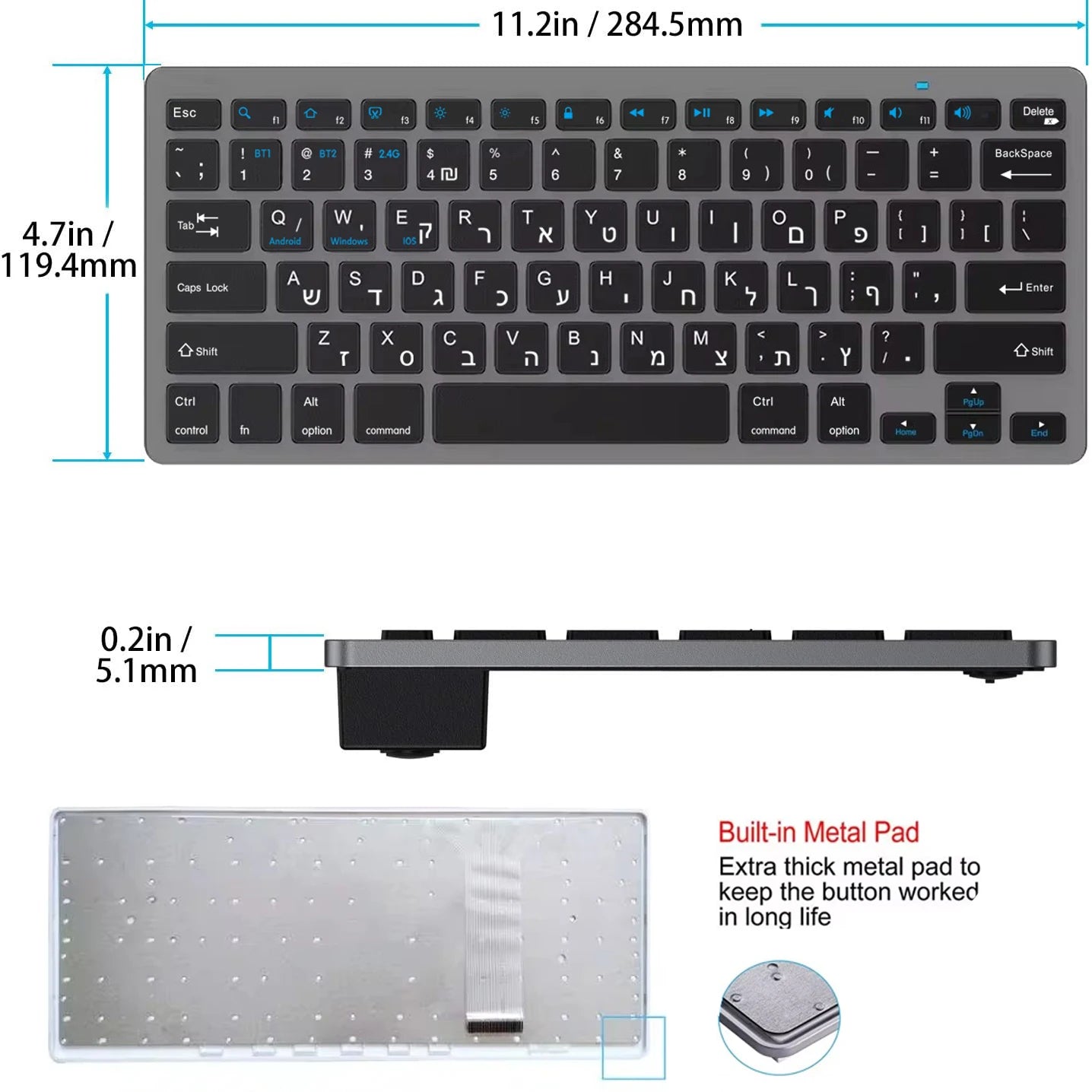 Teclado inalámbrico con distribución hebreo-inglés, Bluetooth y 2.4G de doble modo, delgado, compacto y ergonómico para Windows, iOS y Android