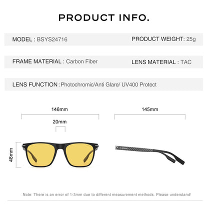 CAPONI Night Vision Men Sunglasses Original Designer High Quality Carbon Fiber Yellow Sun Glasses Photochromic Eyewear BSYS24716