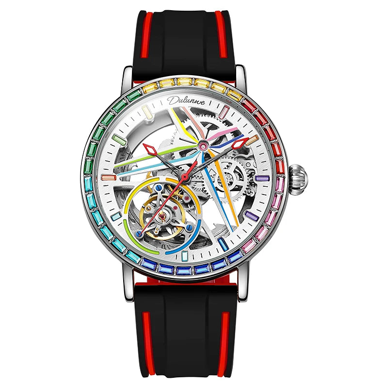 Pánské skeletové hodinky v módním stylu, zdobené drahokamy v barvách duhy, vybavené tourbillonem; luxusní mechanické hodinky s automatickým nátahem, vodotěsné do hloubky 30 metrů.