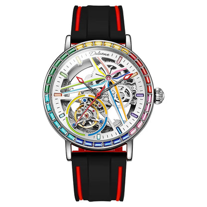 Pánské skeletové hodinky v módním stylu, zdobené drahokamy v barvách duhy, vybavené tourbillonem; luxusní mechanické hodinky s automatickým nátahem, vodotěsné do hloubky 30 metrů.