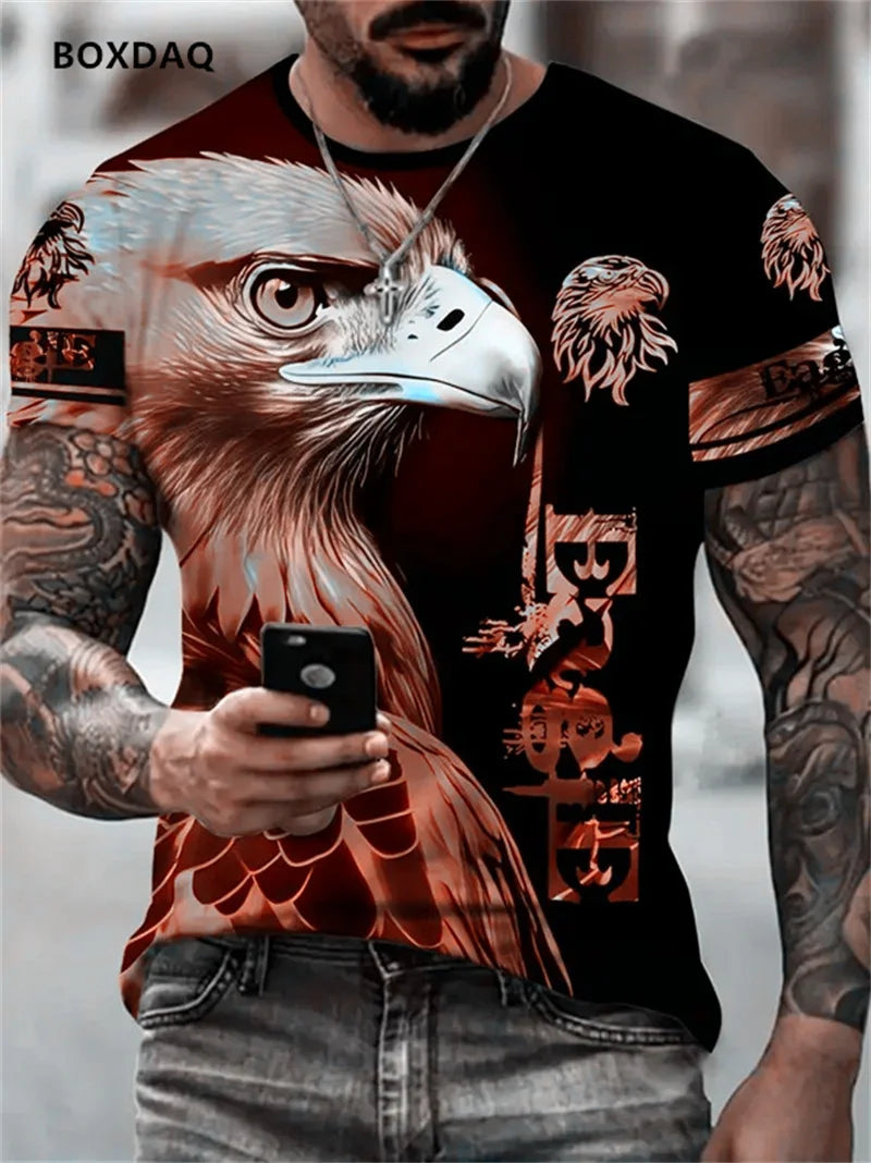 T-shirts Fashion Eagle para homem, corte largo, gola redonda, tops casuais de manga curta, estampado 3D de animal, T-shirt streetwear, tamanho grande 6XL, tee respirável