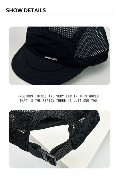 Cappellini da baseball unisex semplici in rete con lettere, parasole, ad asciugatura rapida, traspiranti, con visiera corta e a punta, versatili, alla moda, per attività all’aperto