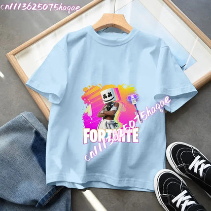 Camiseta azul de algodón para niños Fortress Night, manga corta, diseño kawaii de dibujos animados para niño y niña, ropa de verano, regalo