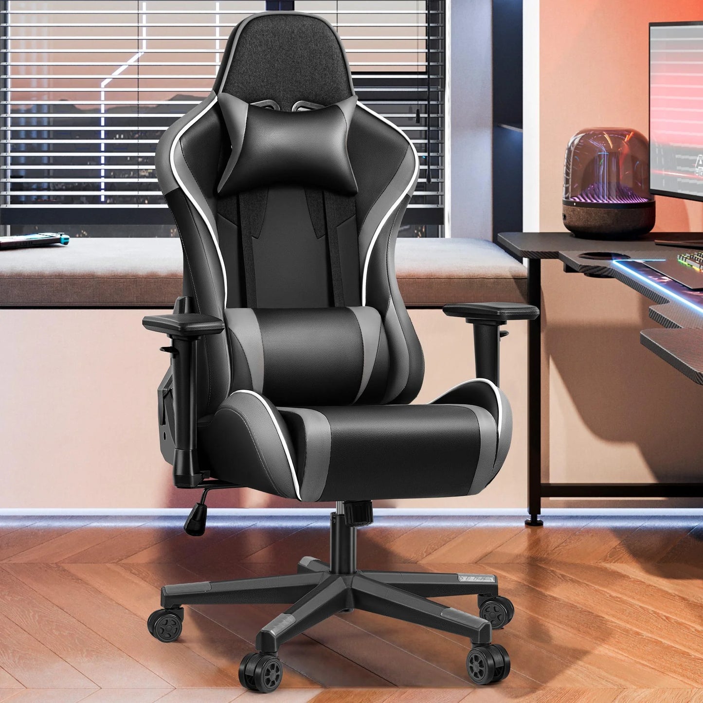 Gaming Chair, Ergonomic, with Headrest Lumbar Pillow, 135° Reclining, PU Leather Computer Chair, Black Gray