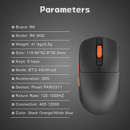 Mouse wireless Bluetooth RK ROYAL KLUDGE M30 PAW3311 41G leggero 12000dpi tri-mode per gamer, ergonomico con software