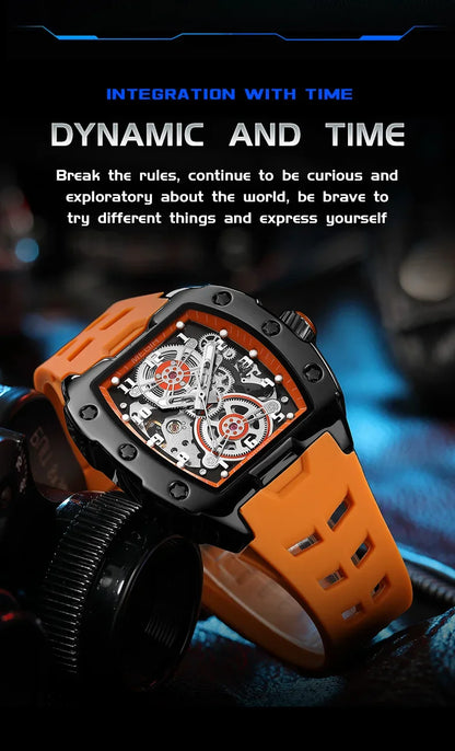 MEGIR Fashion Sport Alloy Case Men Mechanics Watch Waterproof Silicone Band Barrel Shaped Dial Luminous Pointer Man Wristwatches