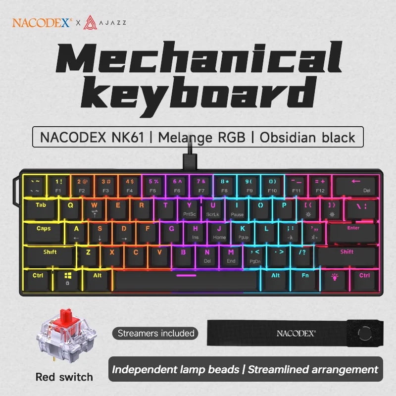 Teclado mecânico gaming com fios AJAZZ NK61 60% RGB hot-swappable, 61 teclas, switch vermelho, mini teclado para PC gamer