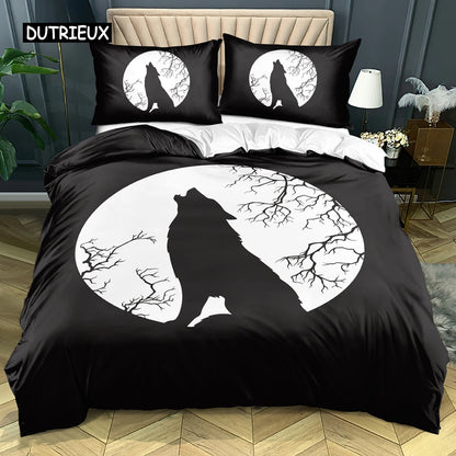 Conjunto de Cama 3D Lobo Preto e Branco com Apanhador de Sonhos em Estilo Tribal Étnico, Capa de Edredão para Adolescentes, Adultos, Mulheres e Homens, Decoração de Quarto