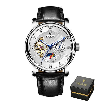 Reloj mecánico automático de lujo para hombre, de una marca de prestigio, con tourbillon, fase lunar y diamantes: un elegante reloj de pulsera.