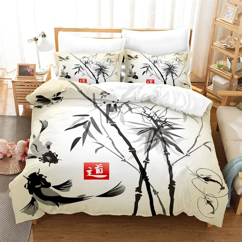 Conjunto de capa de edredão com pintura de bambu, conjunto de roupa de cama em estilo chinês, linho juvenil, tamanho Queen, conjunto de capa de edredão, conjunto de roupa de cama moderno