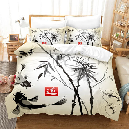 Conjunto de capa de edredão com pintura de bambu, conjunto de roupa de cama em estilo chinês, linho juvenil, tamanho Queen, conjunto de capa de edredão, conjunto de roupa de cama moderno
