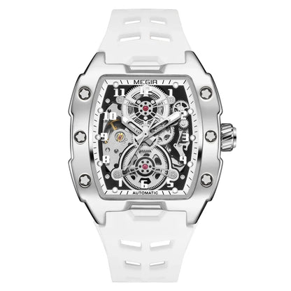 MEGIR Fashion Sport Alloy Case Men Mechanics Watch Waterproof Silicone Band Barrel Shaped Dial Luminous Pointer Man Wristwatches