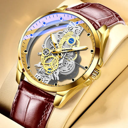 Trendige Herrenuhr, Modell mit doppelter Öffnung, luxuriöser goldfarbener Stil, mechanische Tourbillon-Imitation, Quarzwerk.