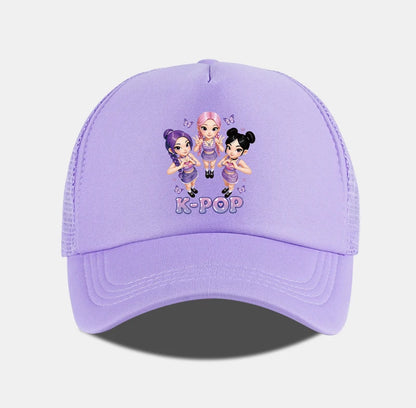 K-POP Cute Cartoon Girl Group Print Sponge Mesh Cap | Unisex Adjustable Mesh Baseball Cap | Y2K K-Pop Fan Street Style Sun Hat