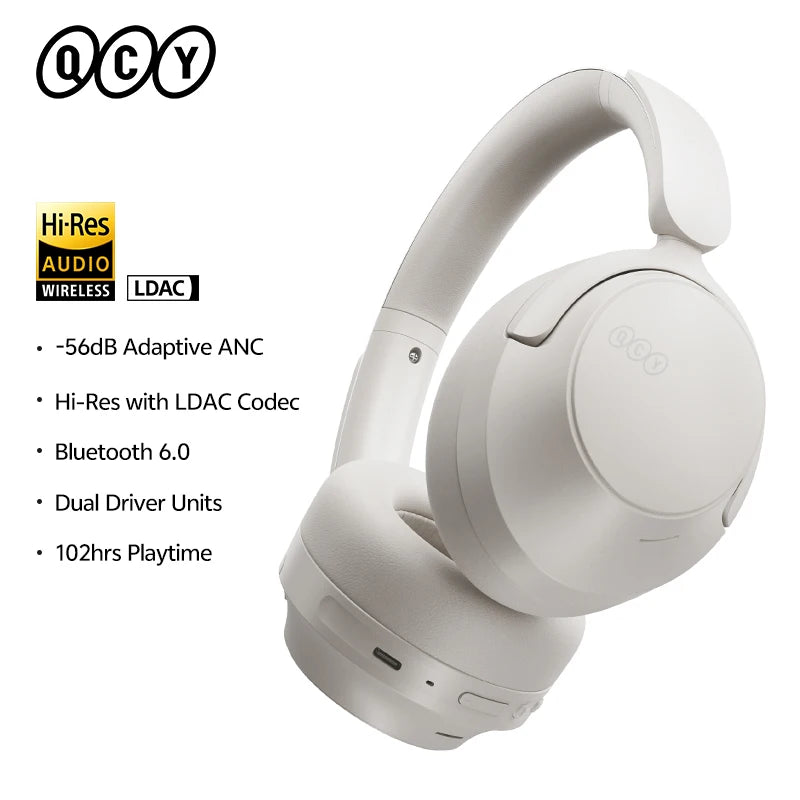 Casque sans fil Bluetooth 6.0 QCY BH25H3SA avec audio spatial 3D, réduction de bruit active adaptative -56 dB, haut-parleur de 53 mm, casque pliable supra-auriculaire
