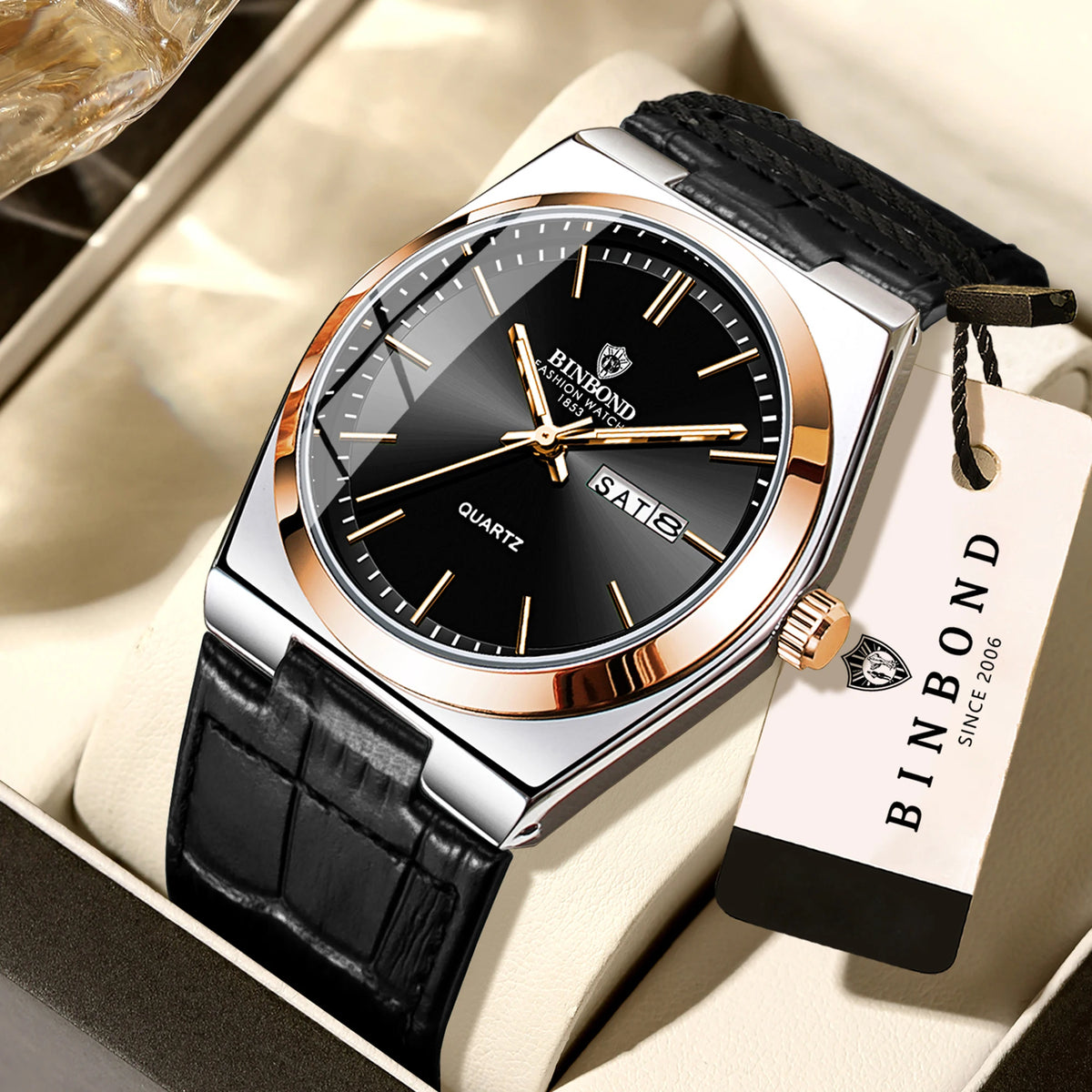 Montre-bracelet à quartz BINBOND de luxe avec bracelet en cuir, précise, lumineuse, étanche, affichage automatique de la date et du jour de la semaine, durable, pour homme.