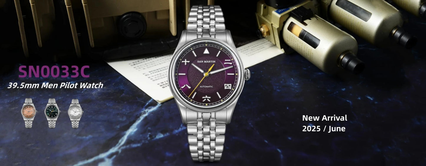 San Martin 39.5mm Retro Chinese Characters Indices Dial Men Pilot Watch YN55 100M Waterproof BGW-X1 Luminous SN0033C
