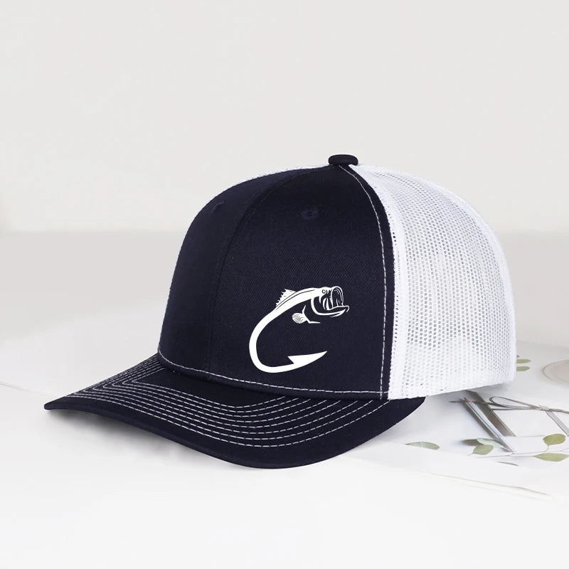 Bass Fish Hook Print Trucker Hat Podesiva uniseks kapa s mrežicom za pecanje, ventilator i sunce