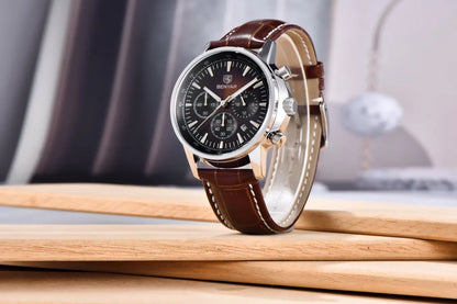 Benyar Luxus-Herrenuhr – Chronograph mit Datumsanzeige, Lederarmband, wasserdicht, leuchtend, sportlicher und militärischer Stil, Quarzuhr