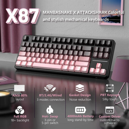 Attack Shark X87 Wireless Mechanical Keyboard, Hot Swappable Gasket Gaming Keyboard RGB Backlit Gaming Keyboard, BT/2.4GHz/USB-C