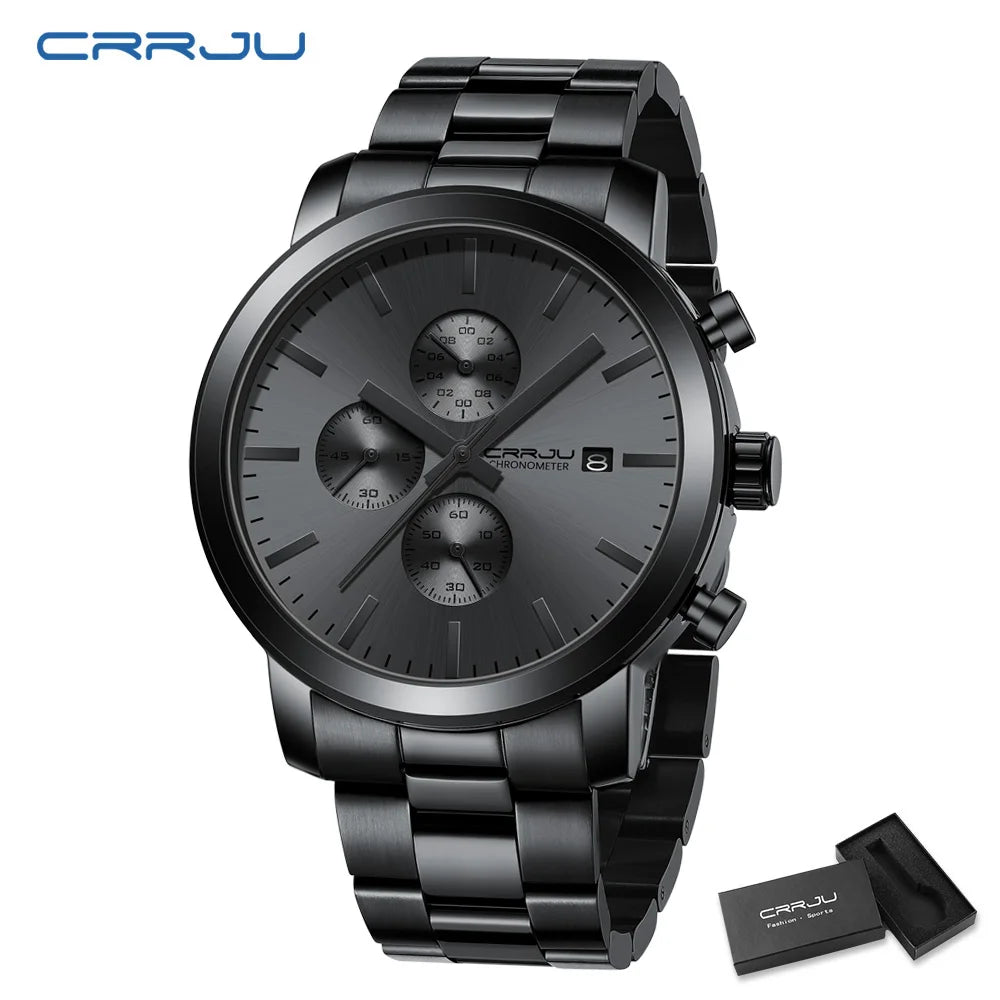 Montre pour homme CRRJU – Chronographe en acier inoxydable, étanche, avec affichage de la date, mouvement à quartz analogique, style élégant et professionnel