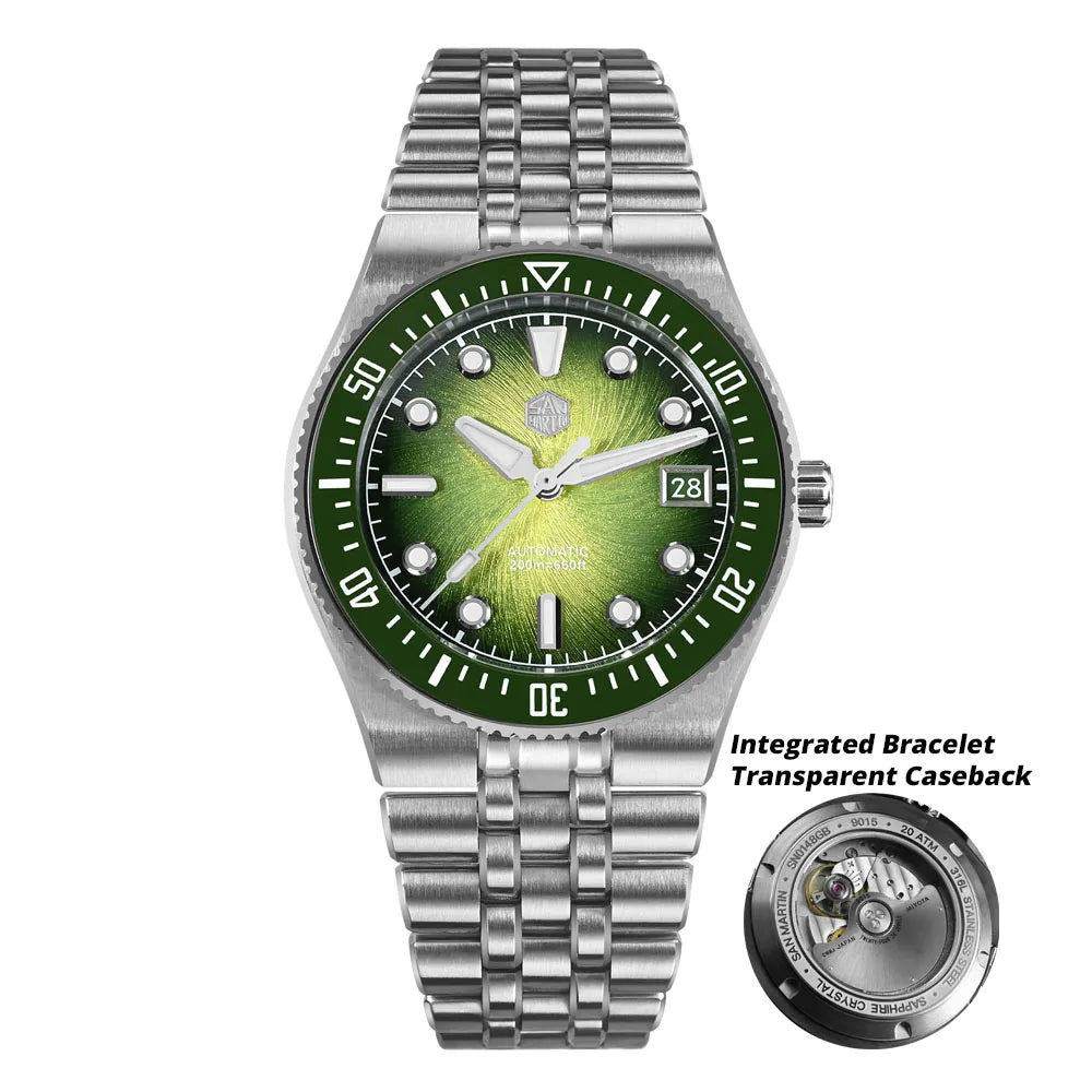 Relógio de mergulho de luxo para homem San Martin 40mm Miyota 9015, mostrador em esmalte sunburst, relógio de pulso mecânico automático, resistente à água 200m, SN0148