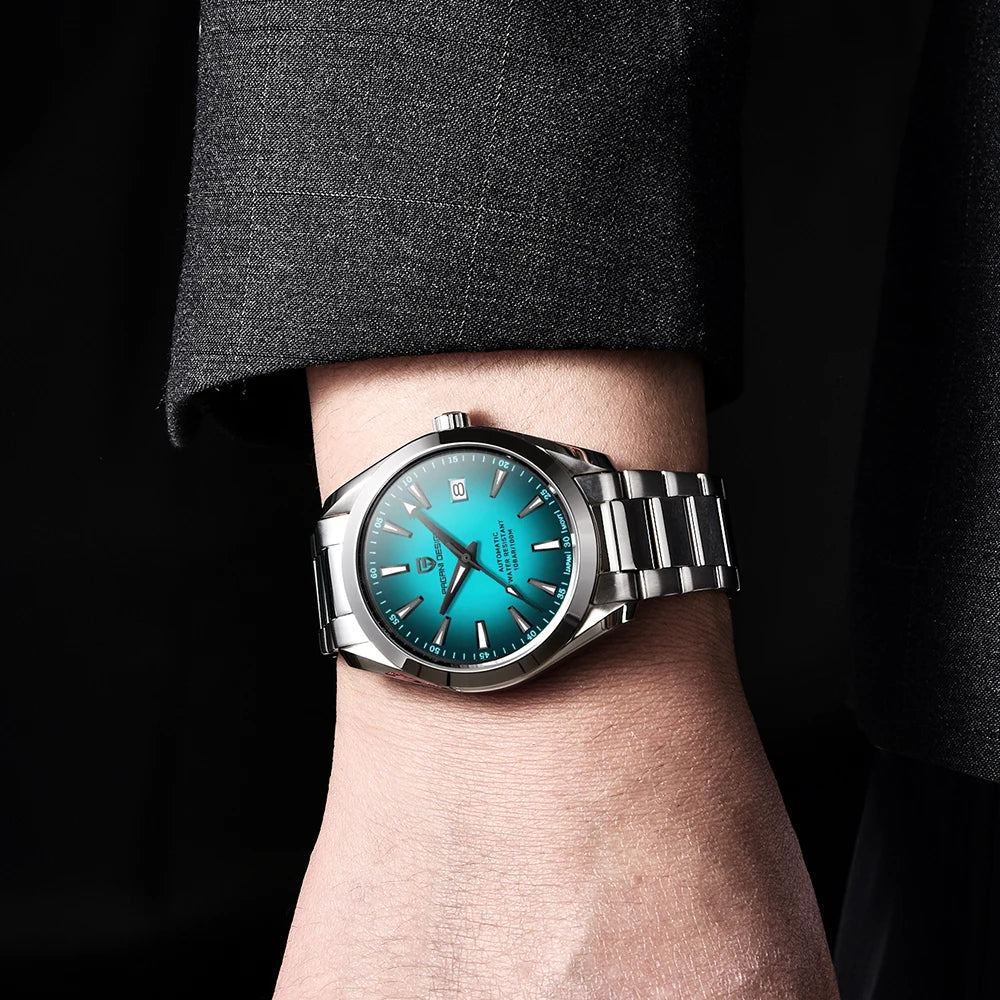 Luxusuhr für Herren von PAGANI DESIGN – Mechanisches Automatikmodell (Kaliber 8215), aus Edelstahl, wasserdicht, mit Datumsanzeige und leuchtenden Zeigern
