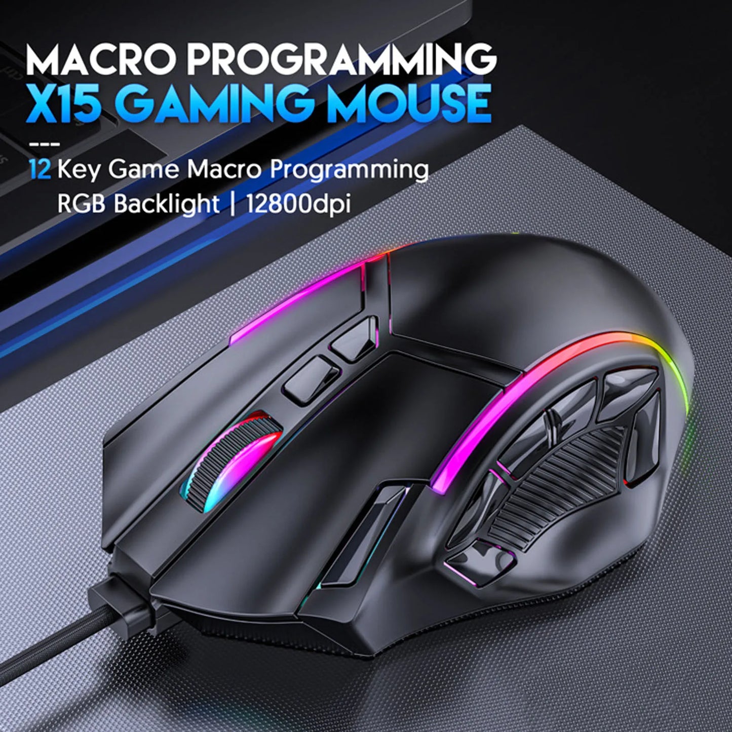 Ratón gaming RGB con cable 12800DPI, 12 teclas, definición de macros, accesorios de repuesto para ordenador, funcionamiento fotoeléctrico