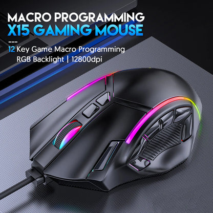 Ratón gaming RGB con cable 12800DPI, 12 teclas, definición de macros, accesorios de repuesto para ordenador, funcionamiento fotoeléctrico