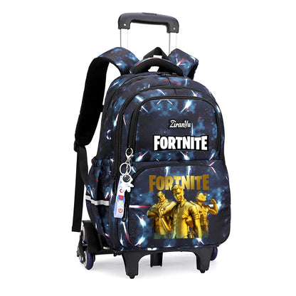 Mochila com Rodas Fortnite Anime, Impermeável, de Grande Capacidade, para Estudante — Saco Escolar Casual de Viagem com Carrinho e Subida Fácil de Escadas