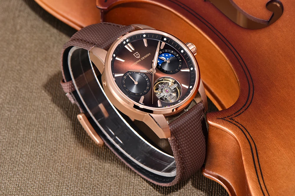 PAGANI DESIGN – Luksuzna mehanska ura za moške, 41 mm, safirno steklo, usnjena zapestnica, vodotesna, v pilotskem slogu, s turbijonom in prikazom lunine faze
