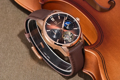 PAGANI DESIGN – Luksuzna mehanska ura za moške, 41 mm, safirno steklo, usnjena zapestnica, vodotesna, v pilotskem slogu, s turbijonom in prikazom lunine faze