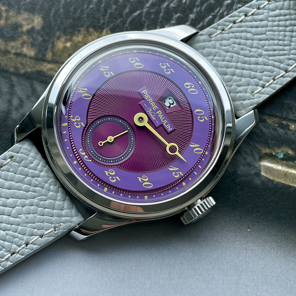 NEW Pierre Paulin Jumping Hour Men's Watch Automatic ST17 Mechanical Watch Steel Purple Vintage Date Window 38mm Metal