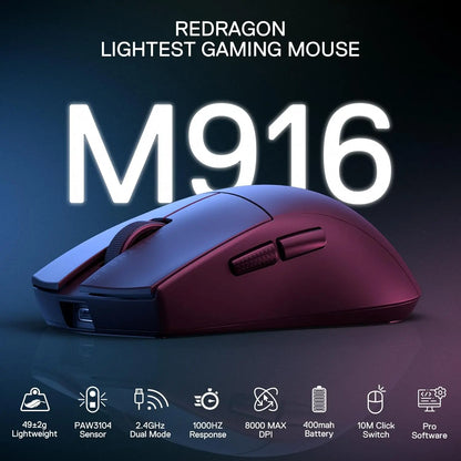 Redragon M916 Wireless Gaming Mouse, Ultra-Light 49g 2.4GHz Wireless Gamer Mouse with 8000 DPI, Ergonomic Grip & Programmable Buttons