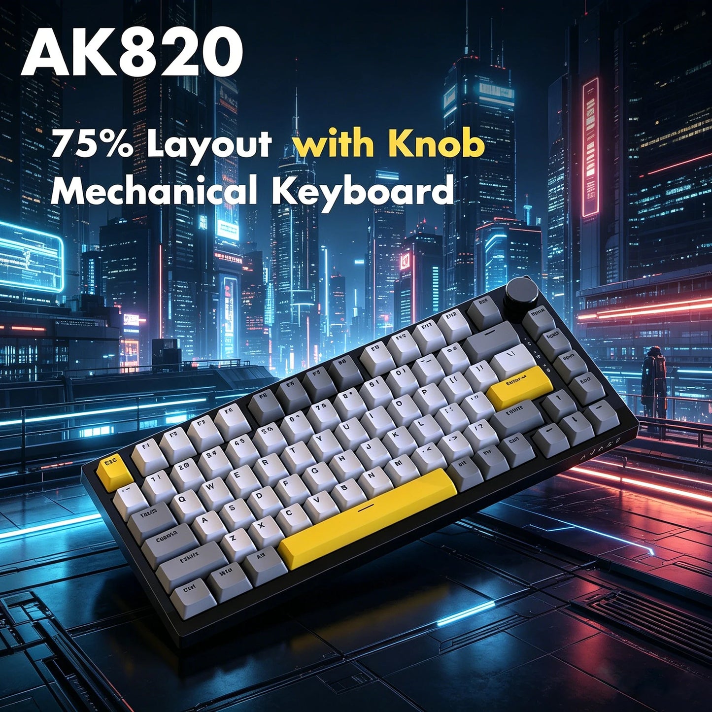 Tastiera meccanica cablata AJAZZ AK820 75%: hot‑swappable, retroilluminazione RGB/bianca/azzurro ghiaccio, controllo con manopola del volume | Per ufficio e gaming