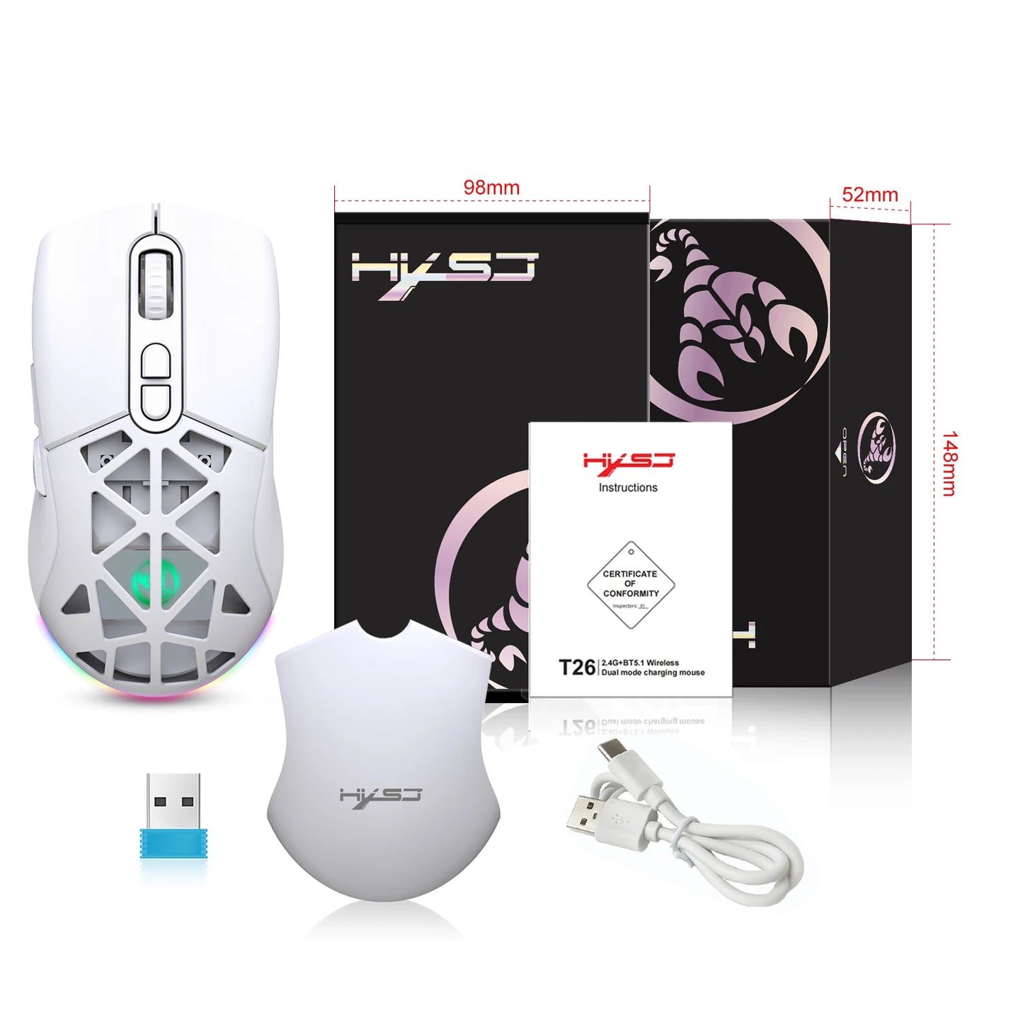 HXSJ T26 Dual Mode Wireless Gaming Mouse, Bluetooth 5.1 & 2.4G Rechargeable Gaming Mouse, 4800 DPI Ergonomic Optical Mouse for Laptop & PC