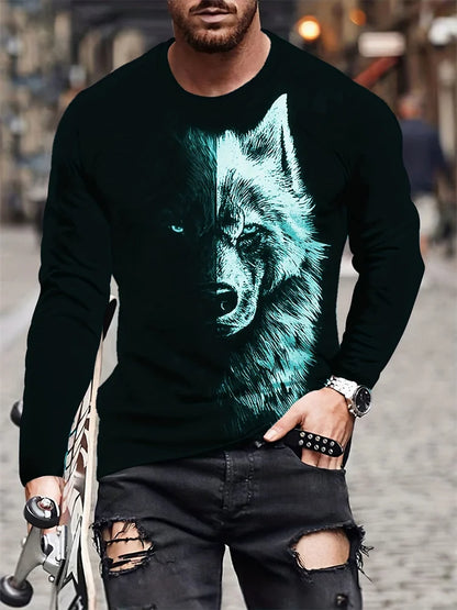 2024 Neues Herren-Langarmshirt mit Wolf-Print – lässiges Herren-Shirt für Frühling und Herbst, Street-Fashion-Langarmshirt