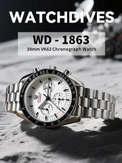 Relógio Masculino Watchdives New Wd1863 Quartz VK63 Chronograph, Safira Abaulada, Impermeável, 39Mm, Aço, Marca Premium, Luxo Business