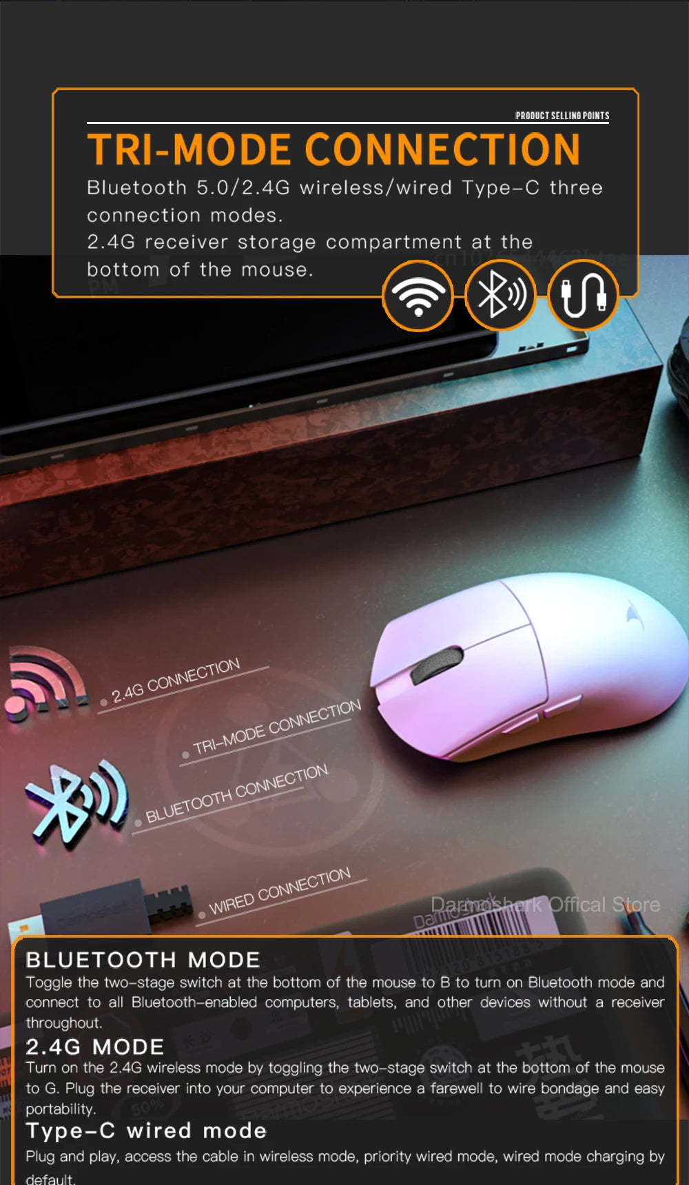 Darmoshark M3Pro Gaming Mouse 2.4G BT Wireless Tri-Mode PAW3395 Sensor N52840 26000DPI Big Hand Macro Driver Mouse For Gaming