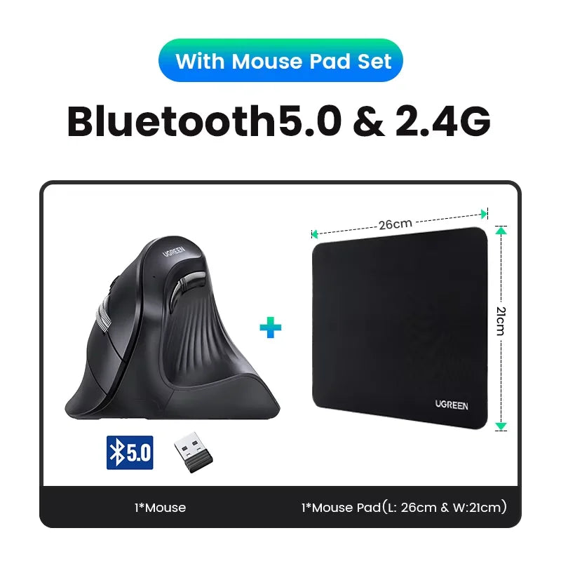 UGREEN Vertical Mouse Wireless Bluetooth 5.0 2.4G Ergonomic 4000DPI 6 Mute Buttons for MacBook Tablet Laptops Computer PC Mice