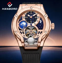 Montre mécanique automatique pour homme, modèle « Ciel étoilé » : design squelette, style constellation, boîtier en acier inoxydable, affichage en relief, fonction luminescente et étanchéité.
