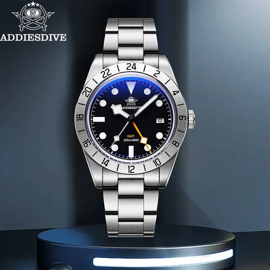 ADDIESDIVE Novo relógio de luxo para homem 200 impermeável em aço inoxidável, relógio de quartzo BGW9 Super Blue luminoso GMT em aço inoxidável