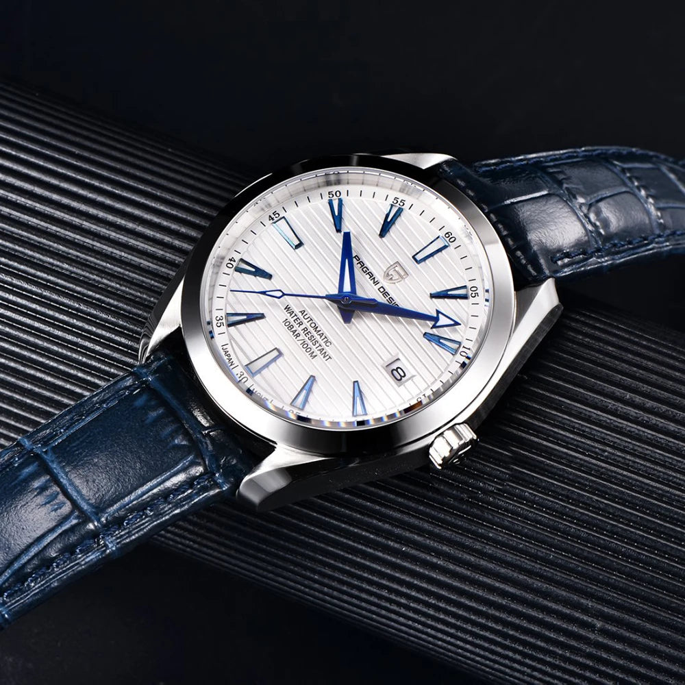 Luxusuhr für Herren von PAGANI DESIGN – Mechanisches Automatikmodell (Kaliber 8215), aus Edelstahl, wasserdicht, mit Datumsanzeige und leuchtenden Zeigern